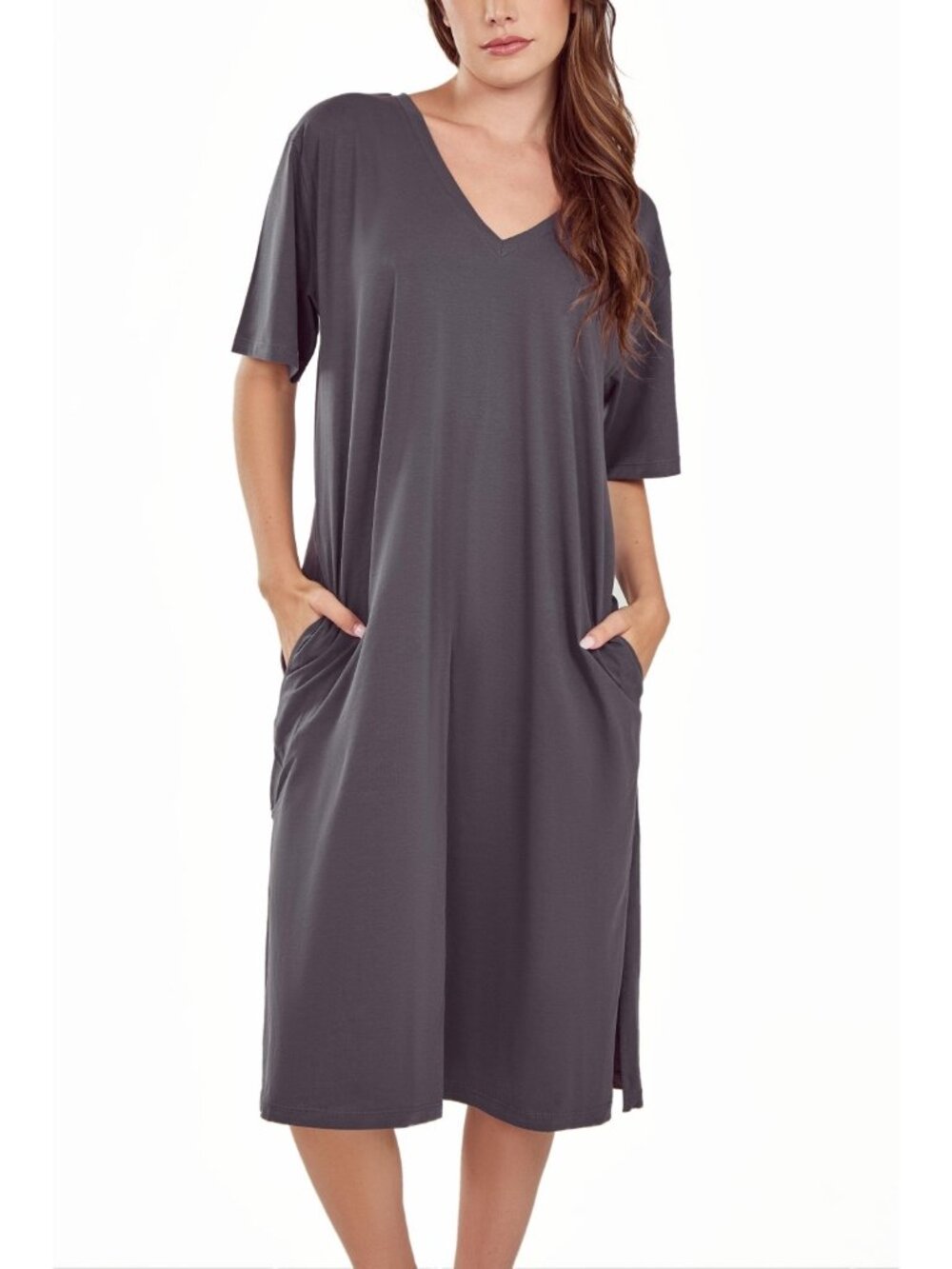 #2468 ICollection Soft Knit Short Sleeve Nightgown Dress with Side Pockets